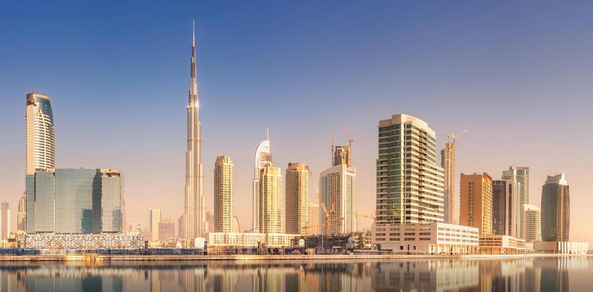 a view of a city skyline with skyscrapers