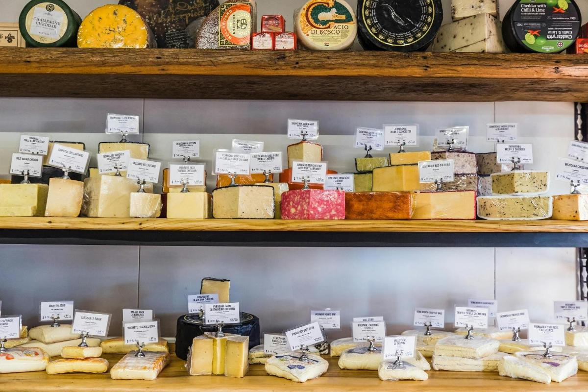 a display of different types of cheese on shelves