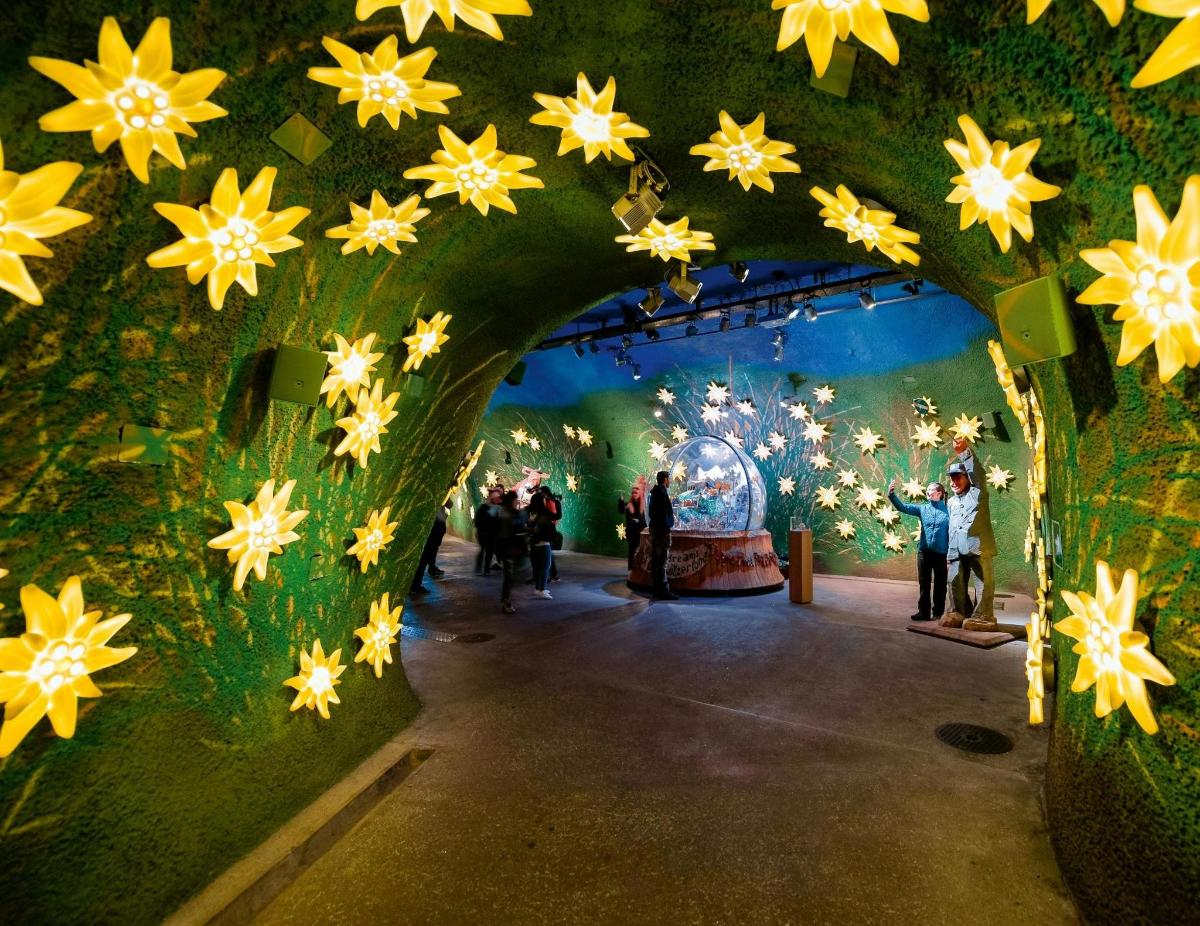 a group of people standing in a tunnel with flowers