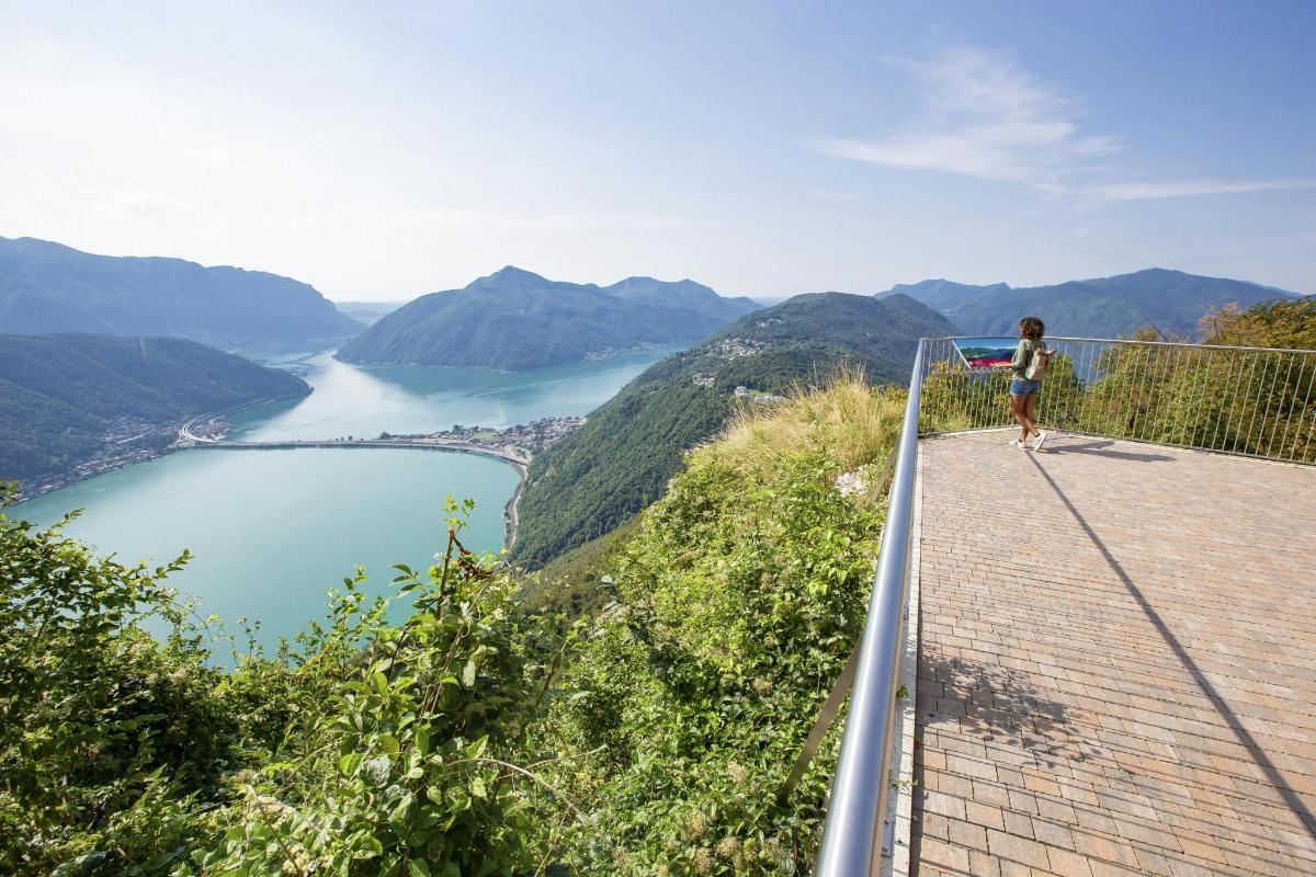 a person standing on a walkway overlooking a lake