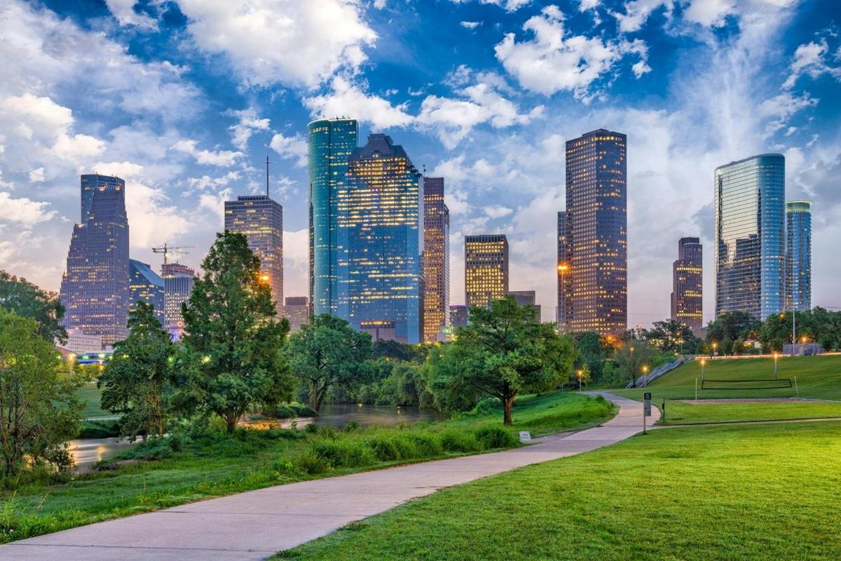a city skyline with tall buildings in a park