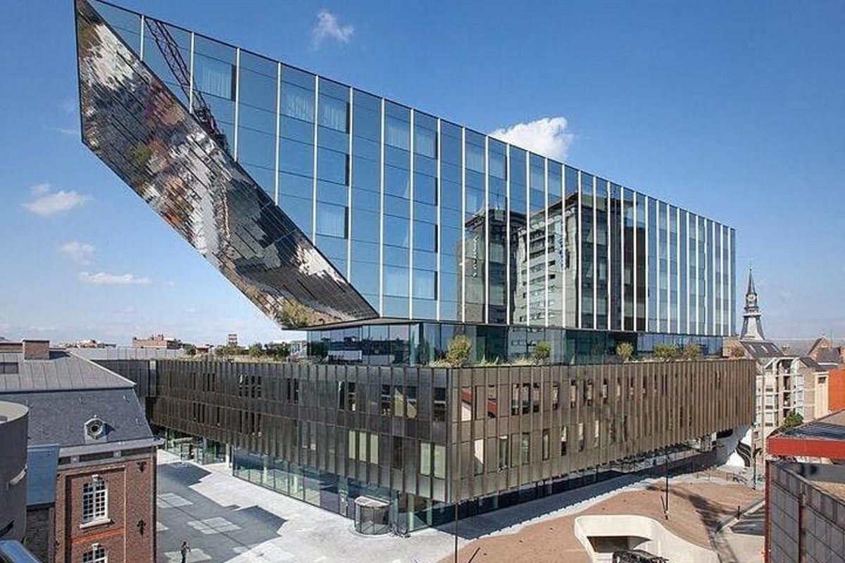 a large glass building with a large window