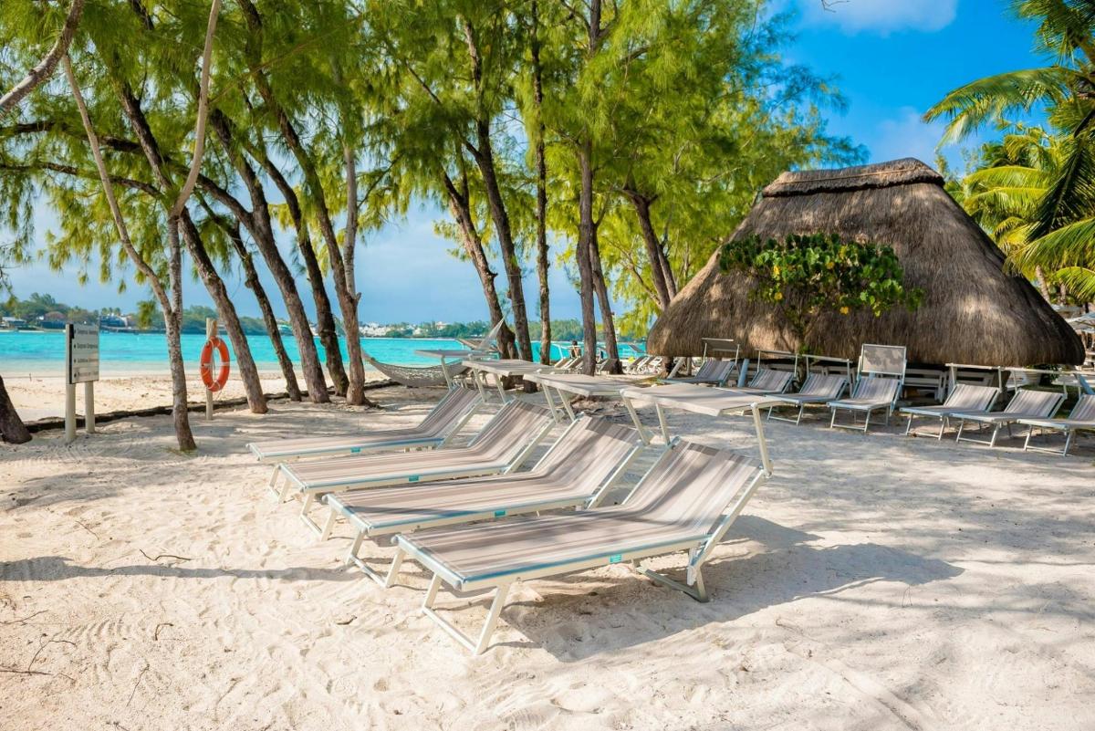 a group of lounge chairs on a beach