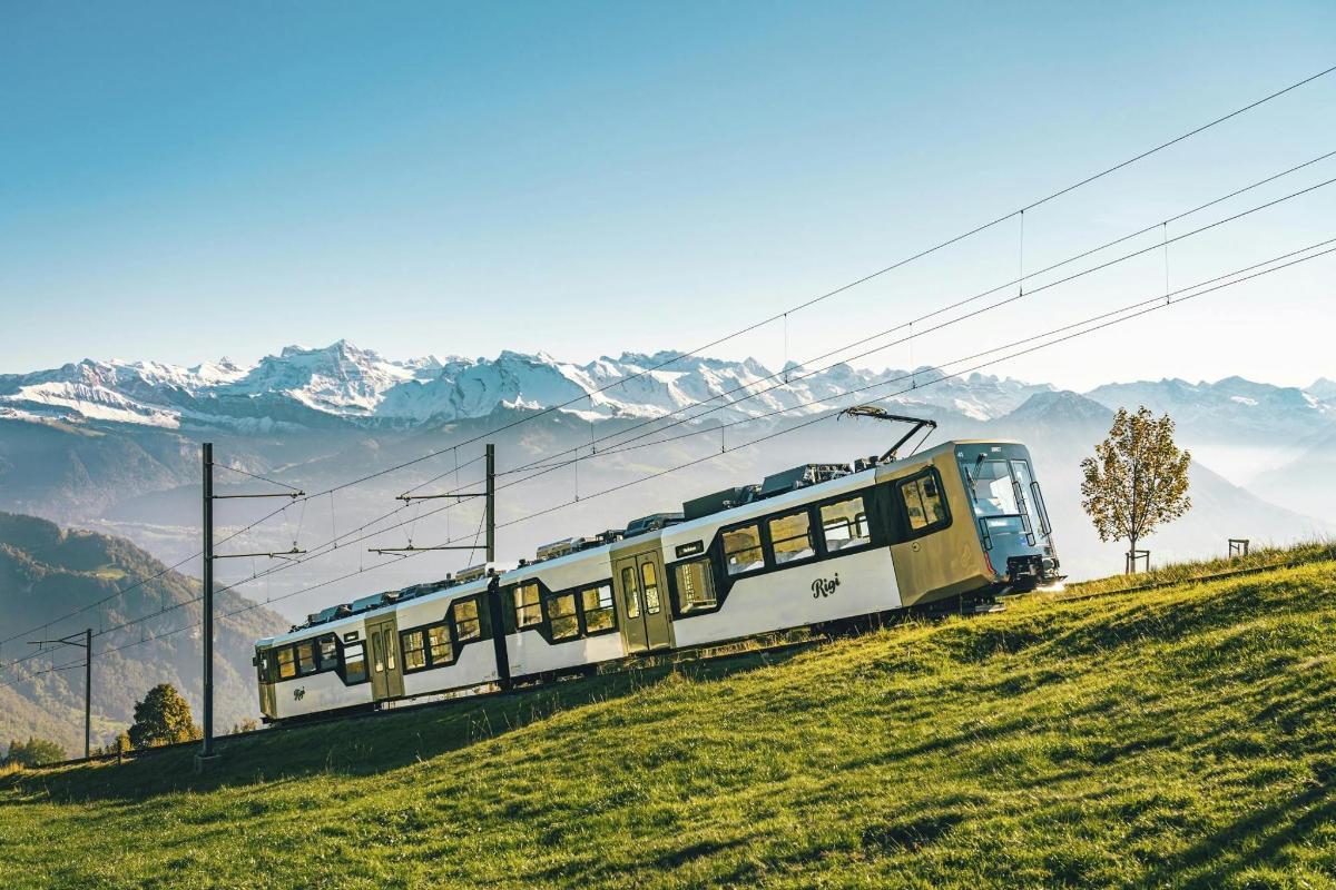 een trein op een heuvel met bergen op de achtergrond