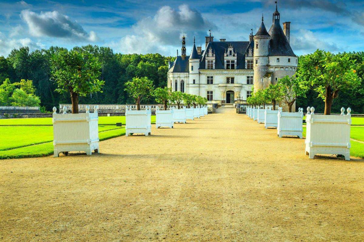 a row of white fences in front of a castle