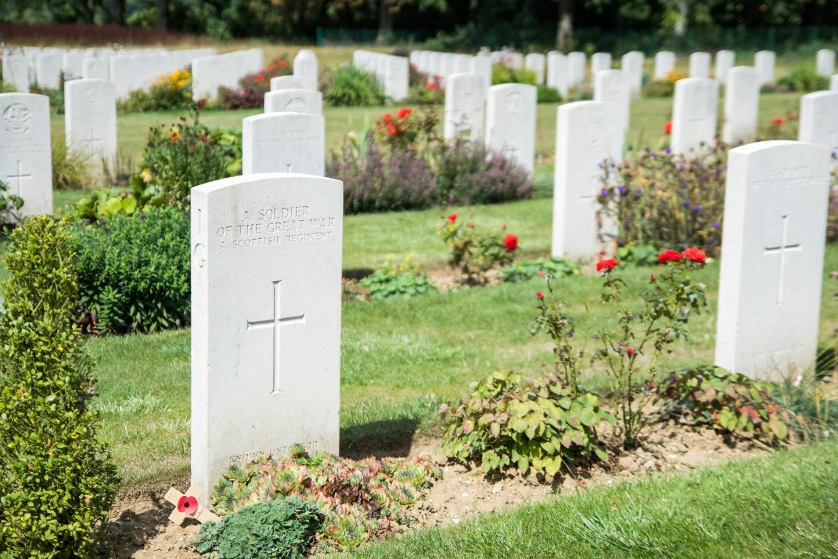 a row of white graves in a field with flowers