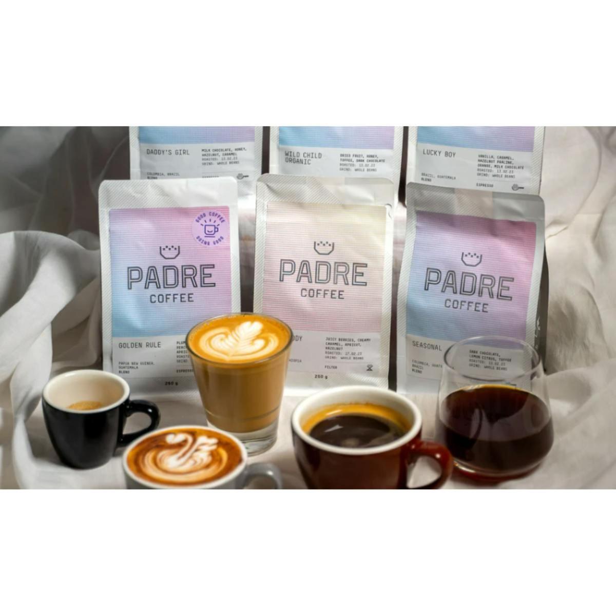 a group of coffee bags and cups of coffee