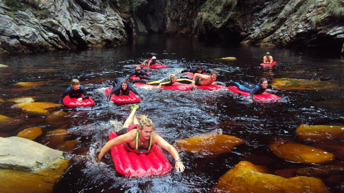 a group of people are in the water on tubes