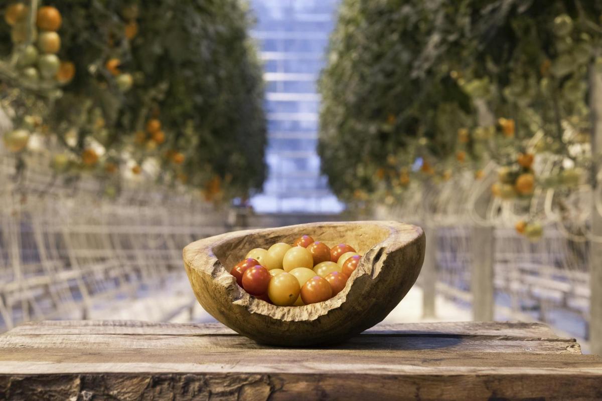 uma tigela de madeira com frutas sobre uma mesa