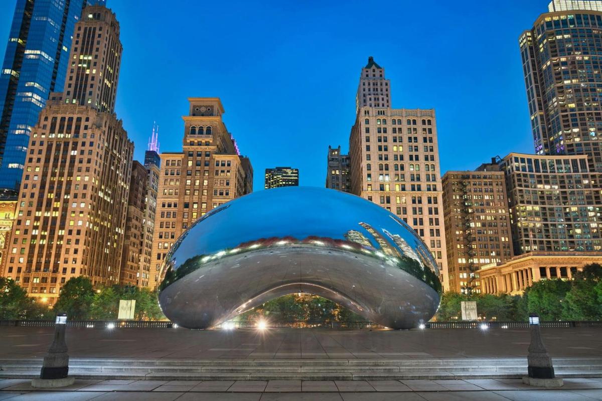 a view of the bean in a city at night