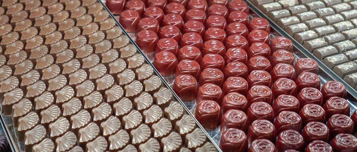 a row of chocolate covered donuts on display