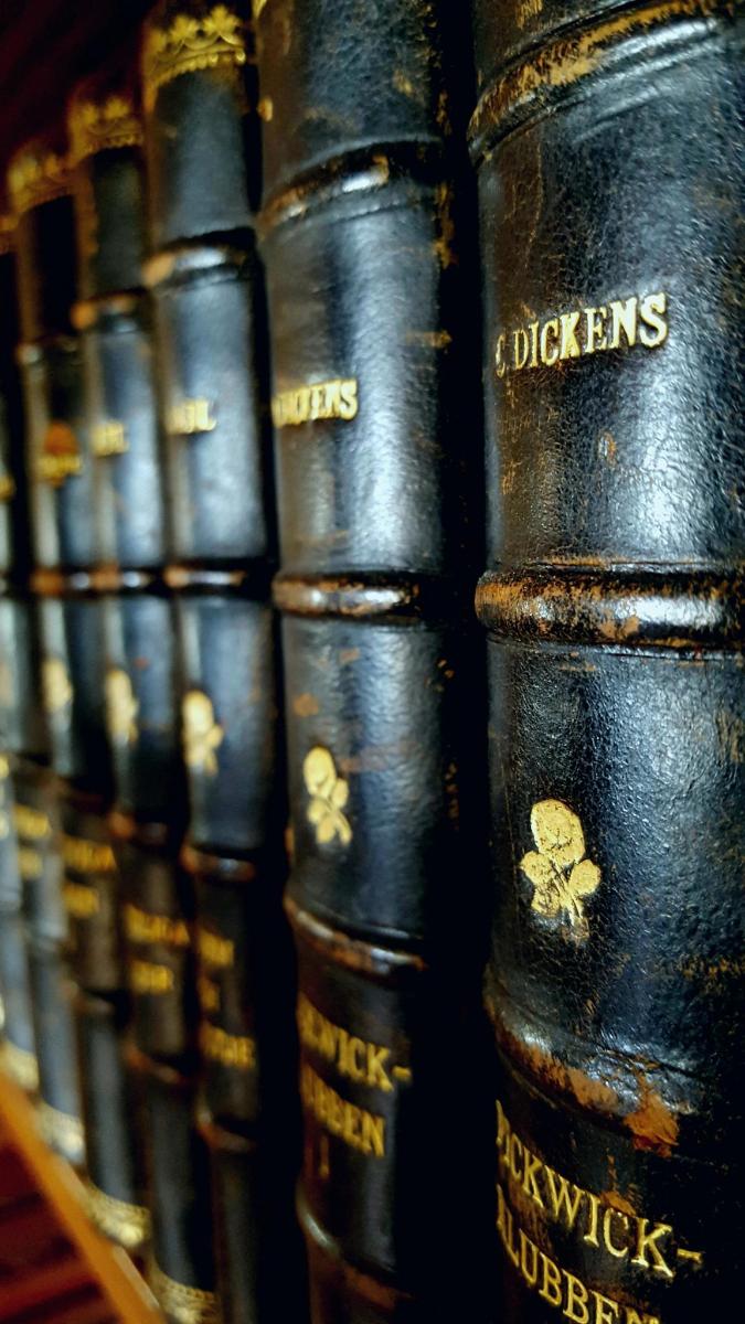 una fila di libri neri appoggiati su uno scaffale