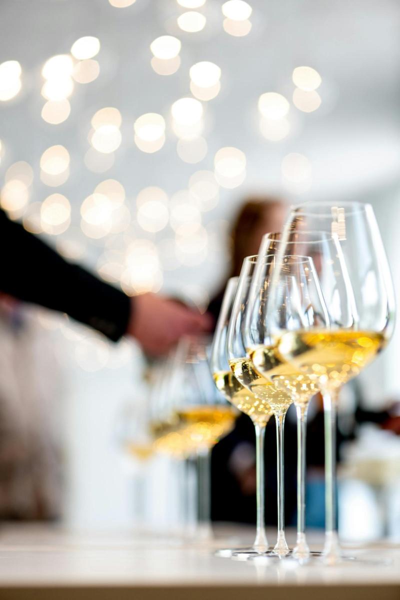 four glasses of white wine sitting on a table
