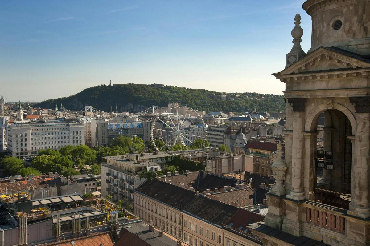 an old building with a view of a city