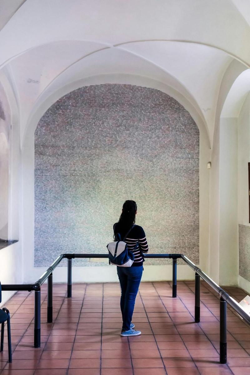 una mujer mirando un cuadro en un museo