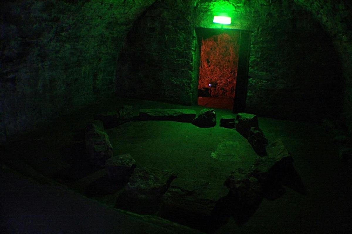 una stanza buia con una luce verde e una porta