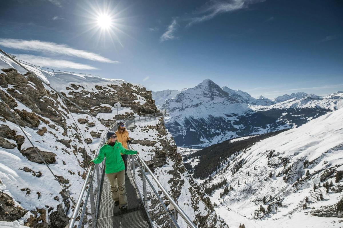 a woman on a walkway with a dog on a mountain