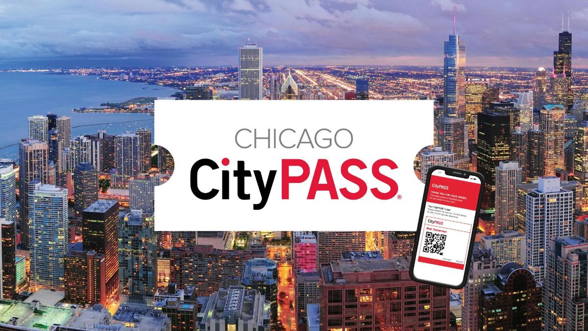 a city skyline with a cell phone and the words chicago city pass