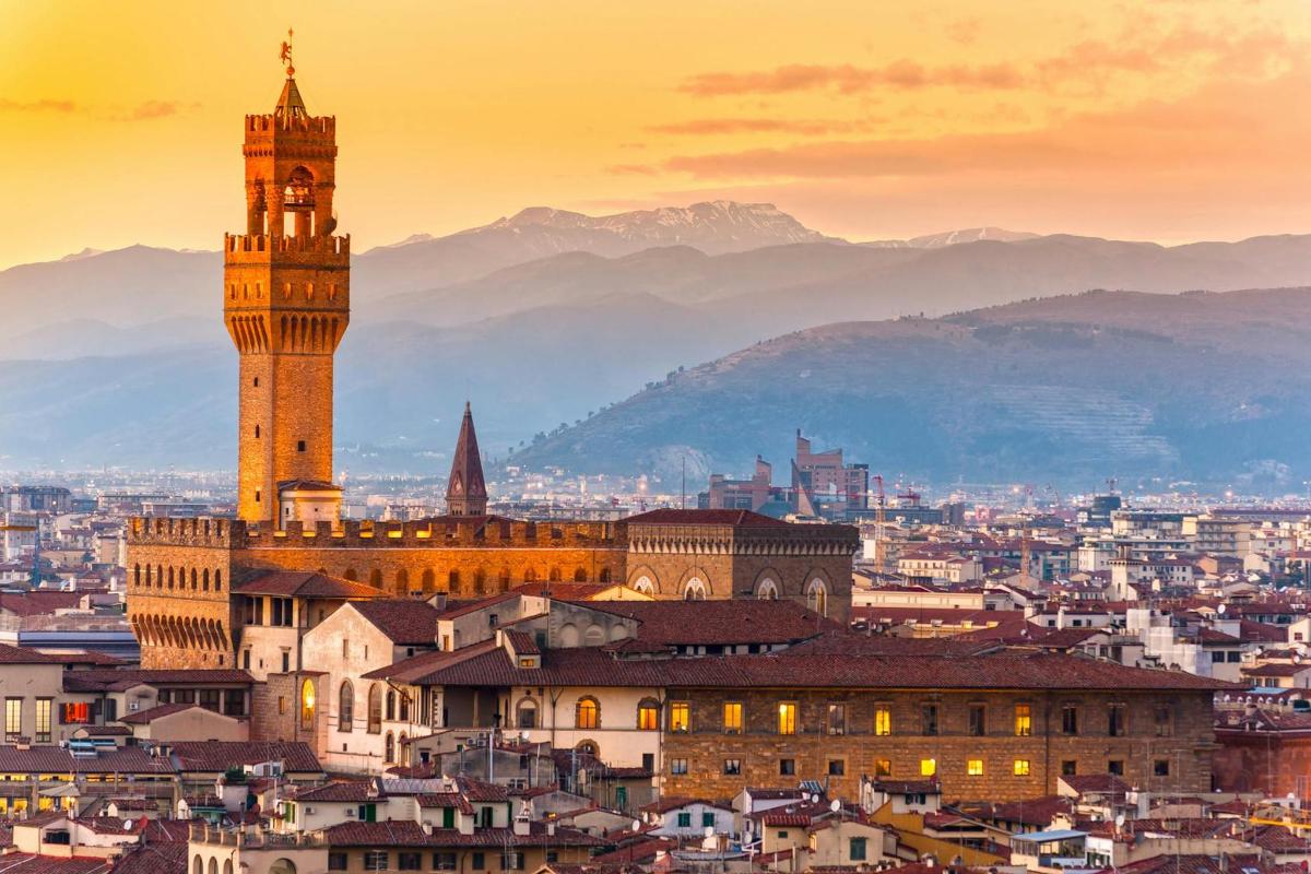 a view of a city with a clock tower