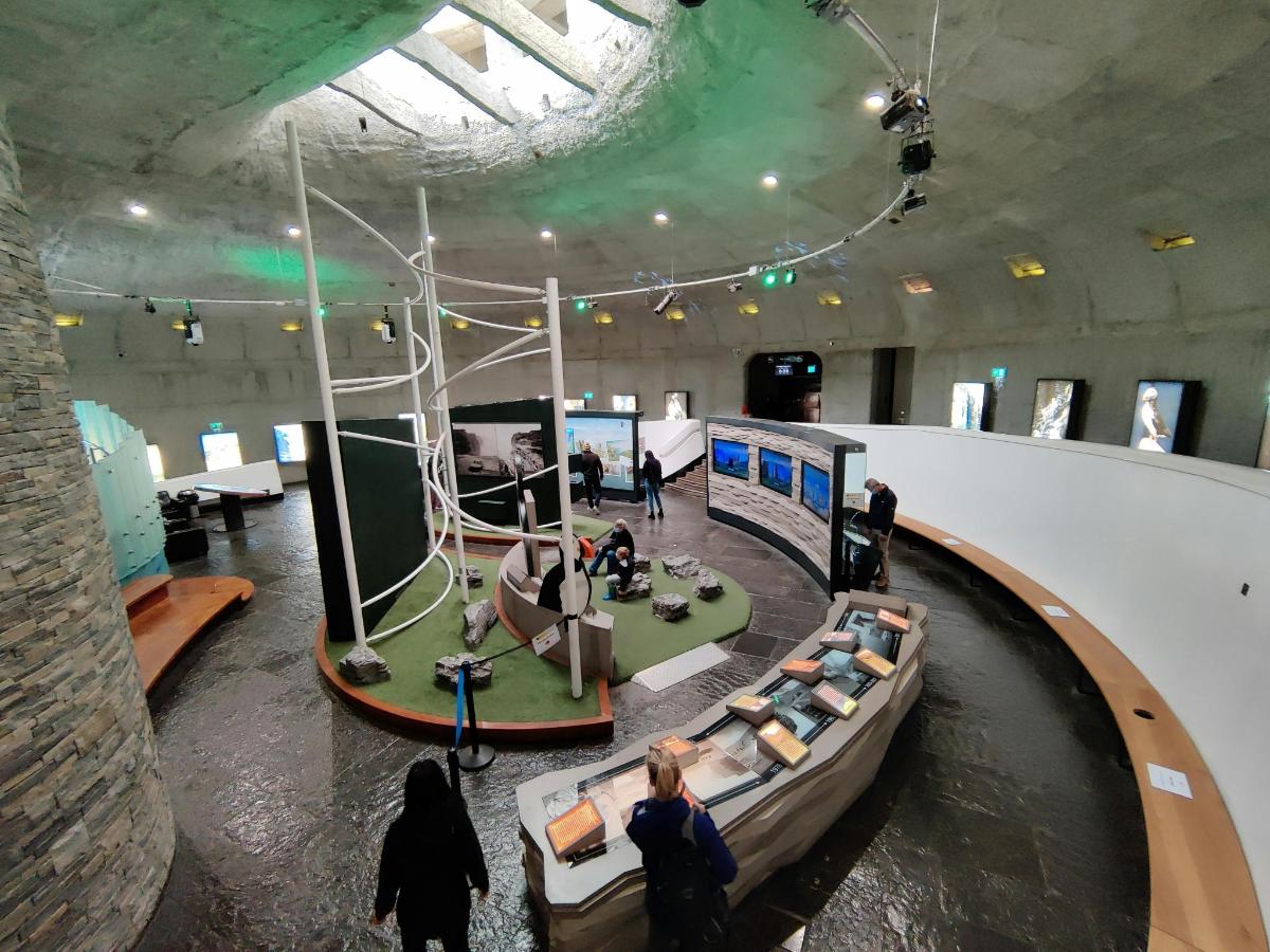 a group of people walking around in a room