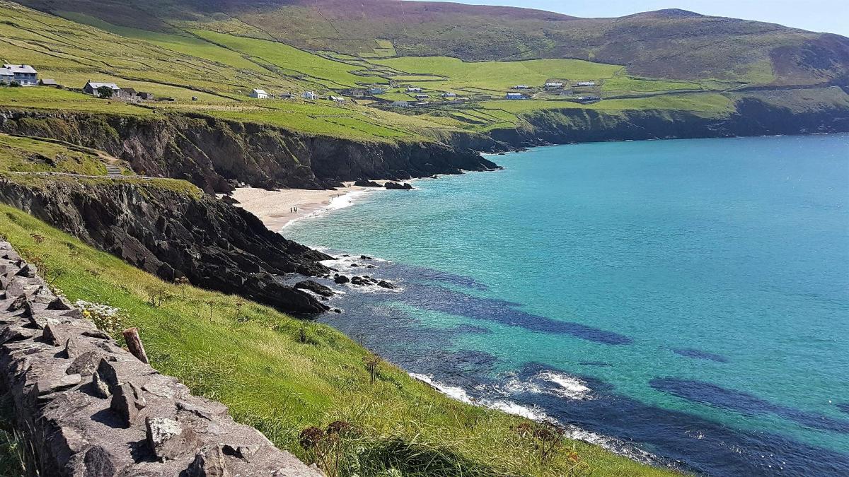 una vista di una spiaggia con un muro di contenimento
