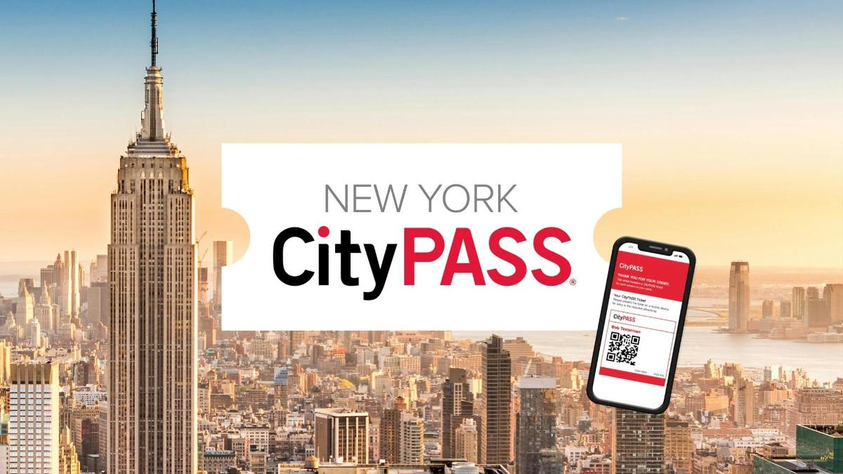 a city skyline with a cell phone with the words new work city pass