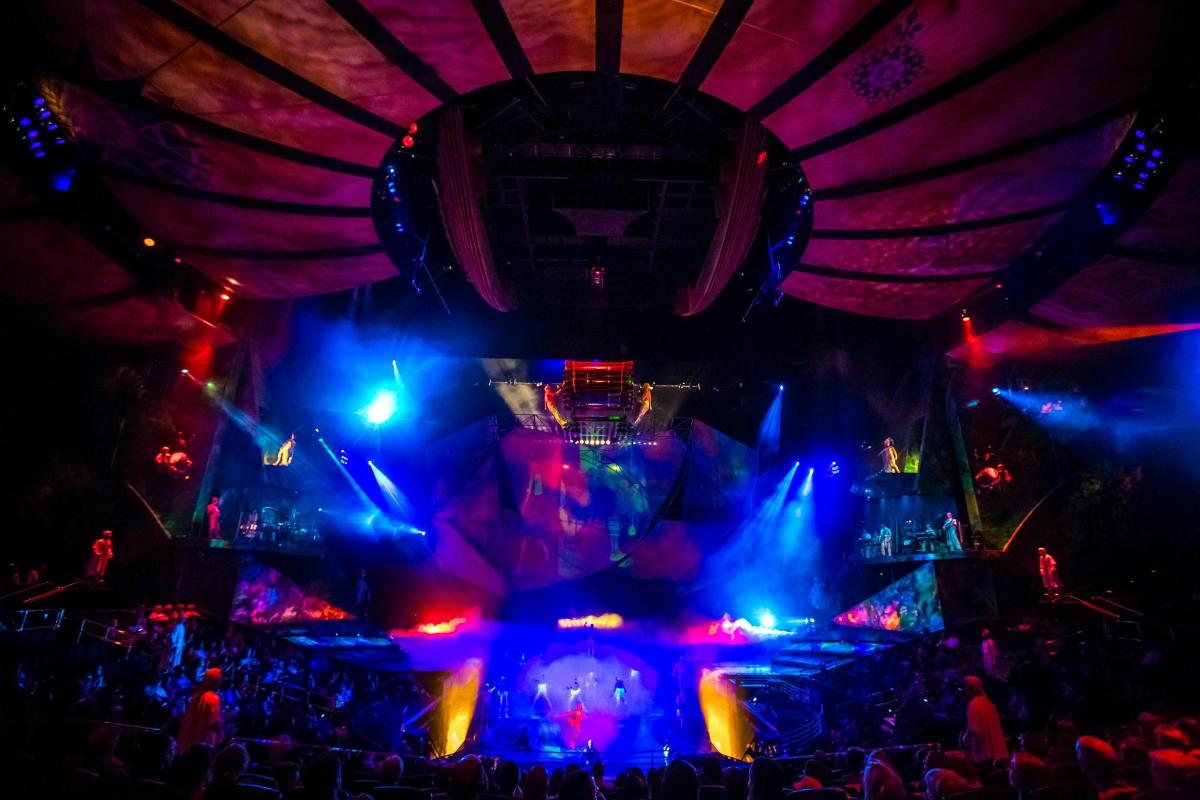 a view of a rave stage with lights