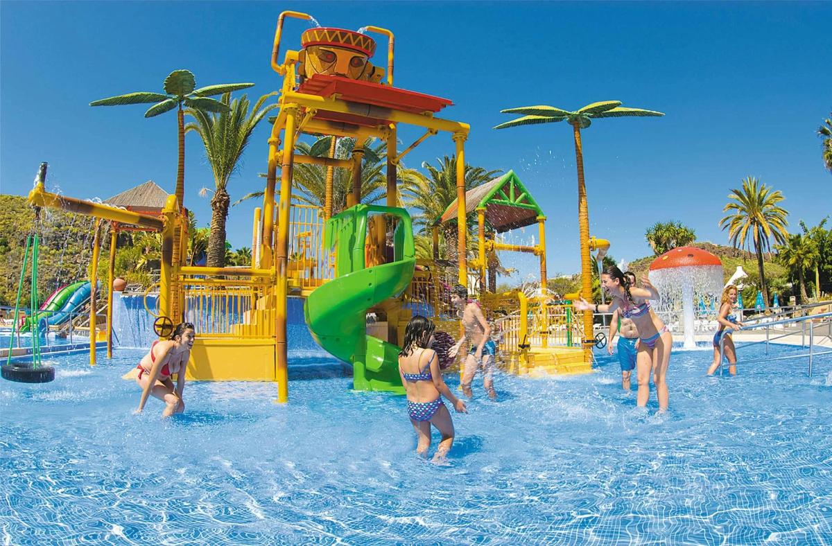 a group of people playing in the water at a water park