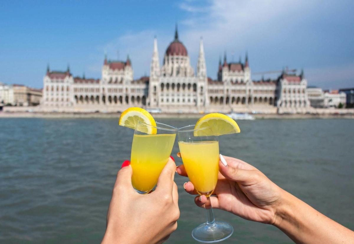 two people holding up two glasses of orange juice