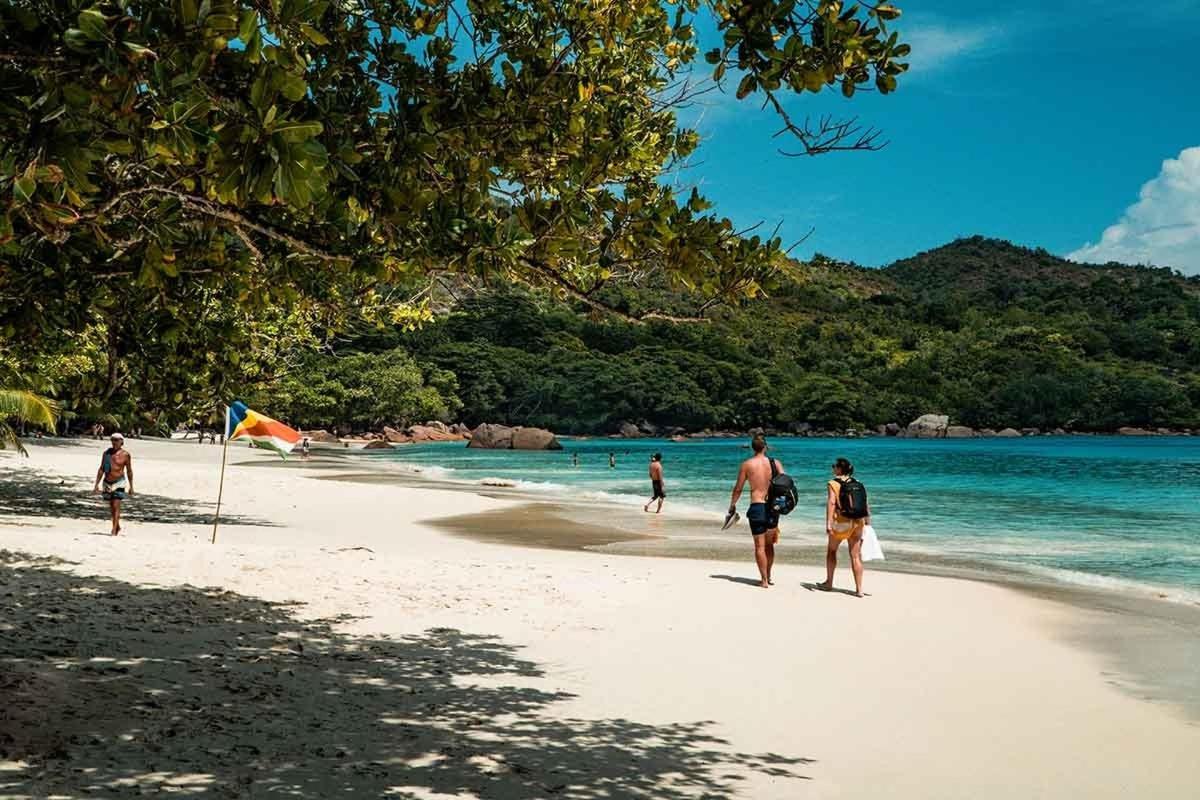 a group of people walking on a beach