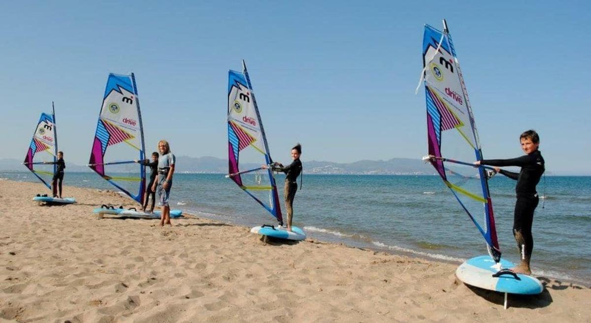 Un grupo de personas de pie en la playa con tablas de vela.