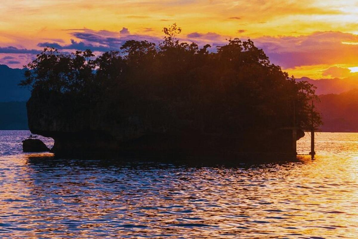 a small island in the water at sunset