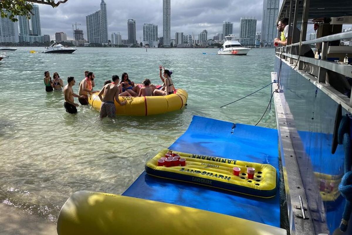 a group of people are in the water on an inflatable