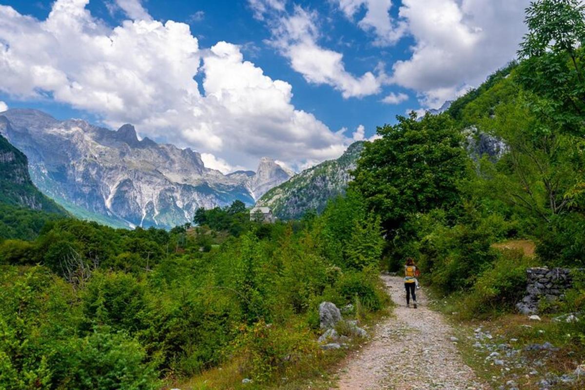 osoba koja hoda zemljanim putem u planinama