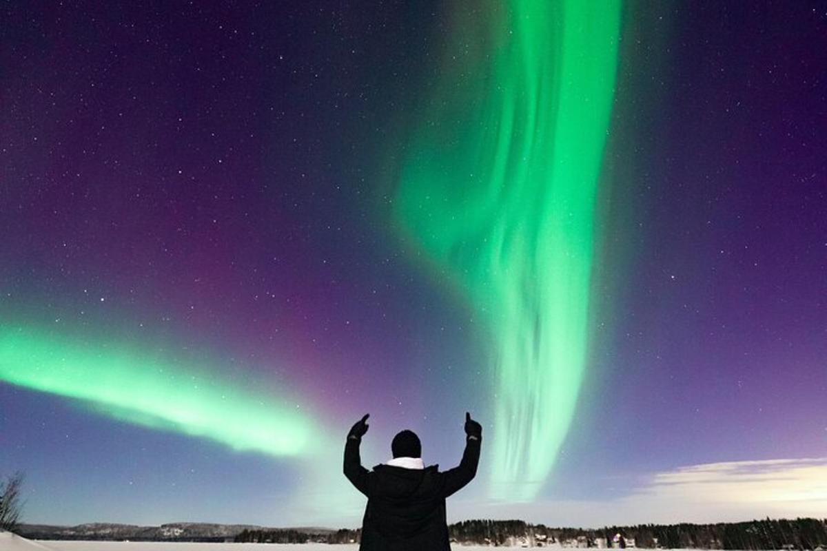 a person standing in the snow looking up at the northern lights