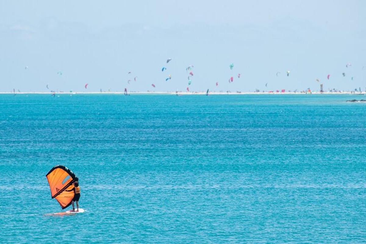 una persona sta facendo windsurf nell'oceano con gli uccelli sullo sfondo
