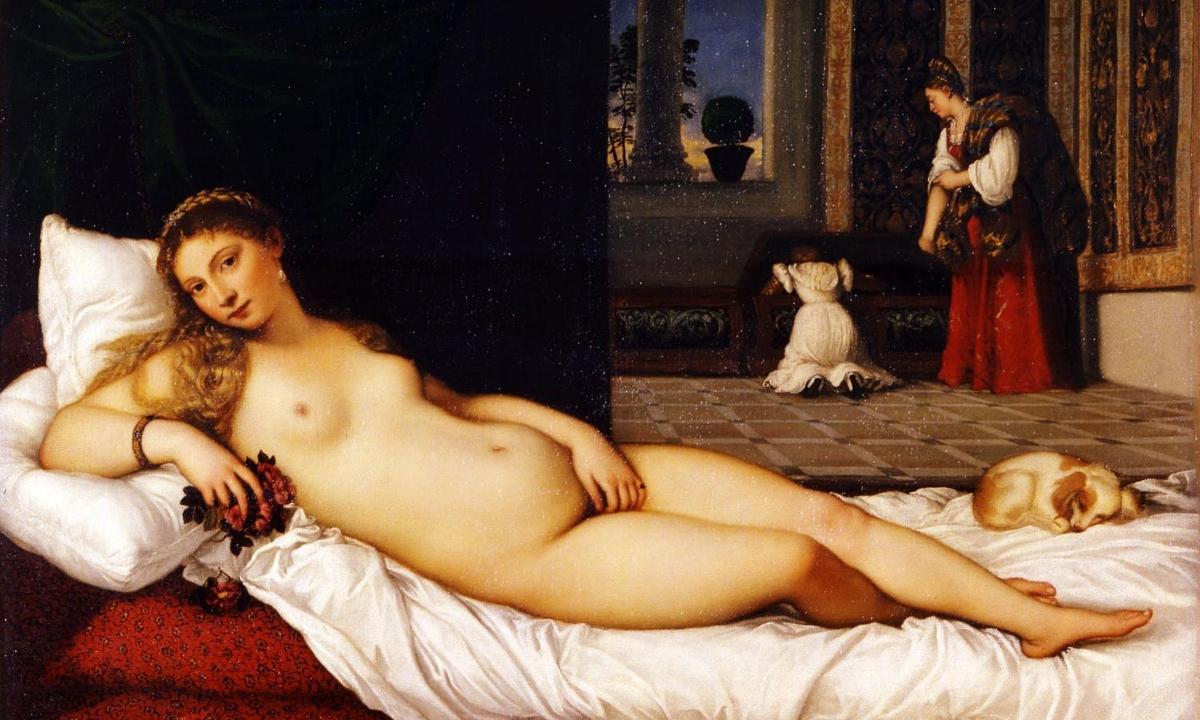 ein Gemälde einer nackten Frau, die auf einem Bett liegt