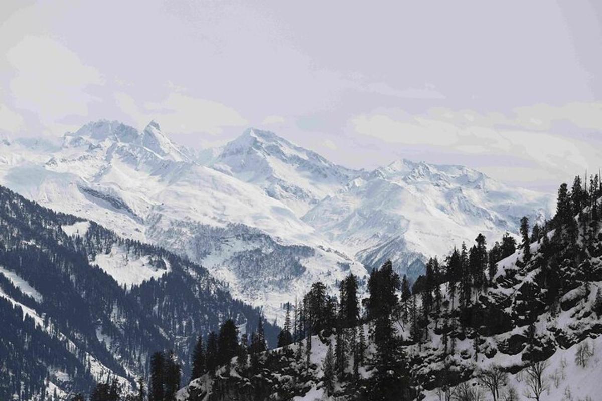 a snowy mountain range with trees and snow covered mountains