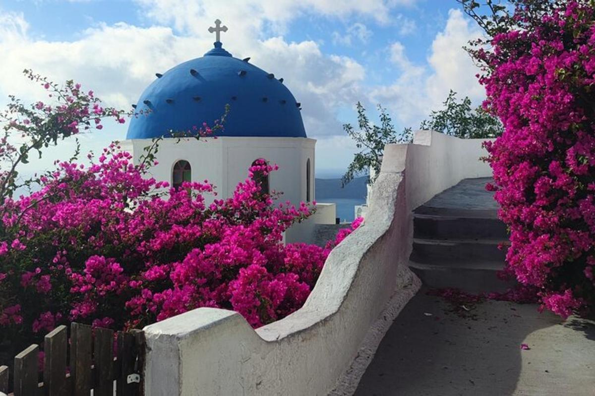 una chiesa con fiori rosa davanti a una recinzione