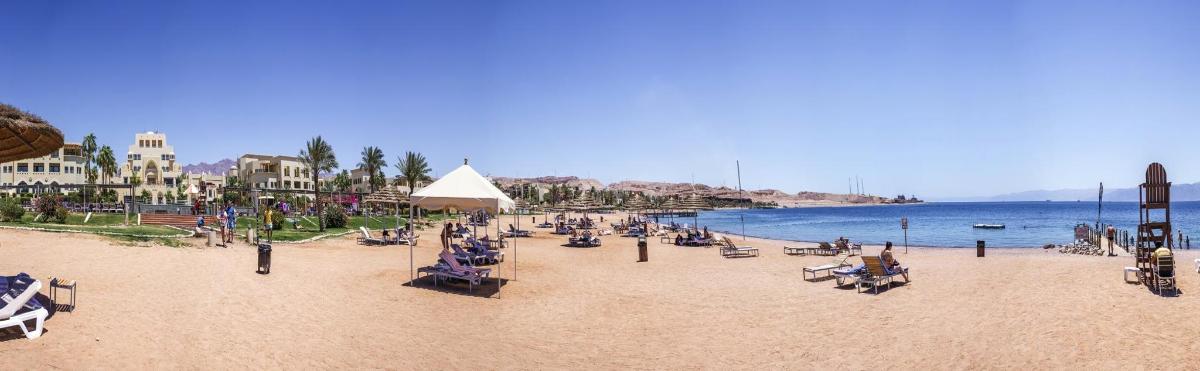 a beach with a group of people sitting in chairs on the sand