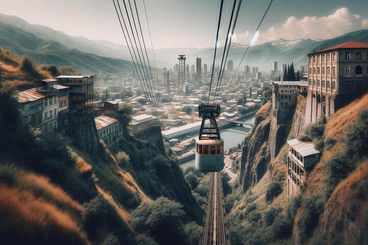 an aerial view of a city with a cable car
