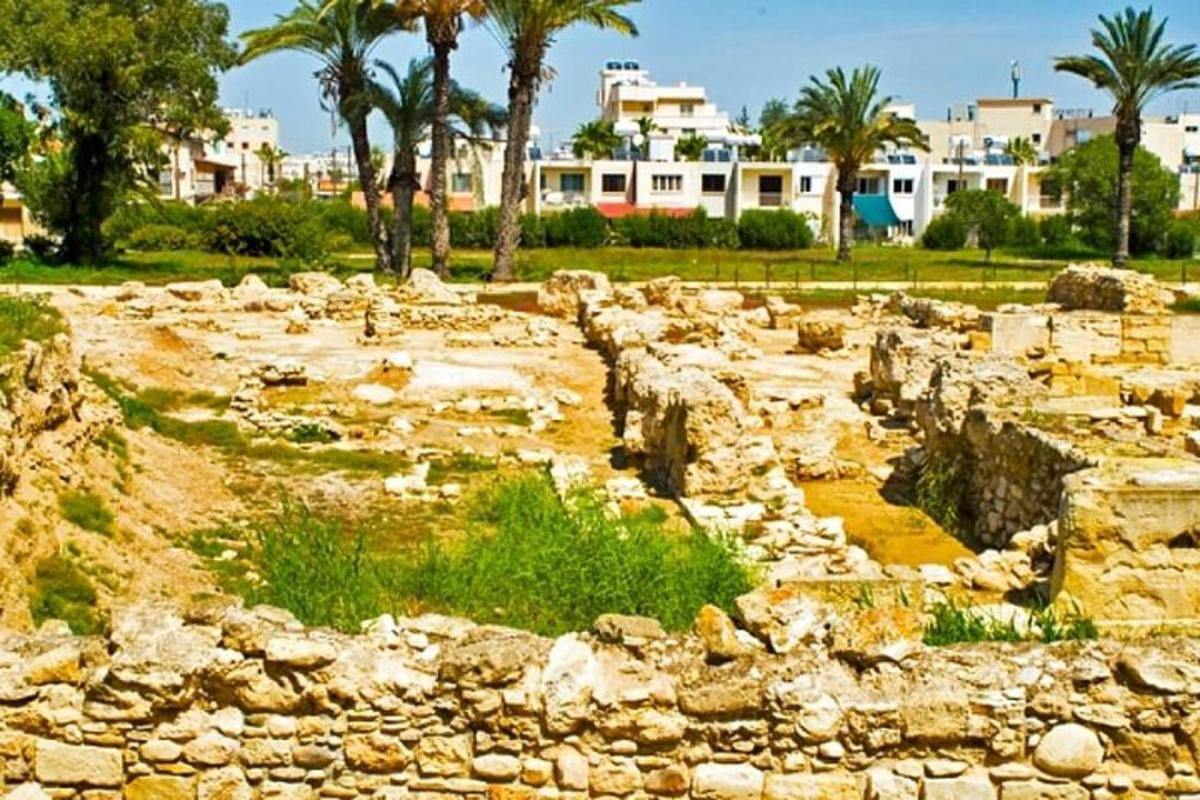 ruïnes antigues en un parc amb palmeres i edificis