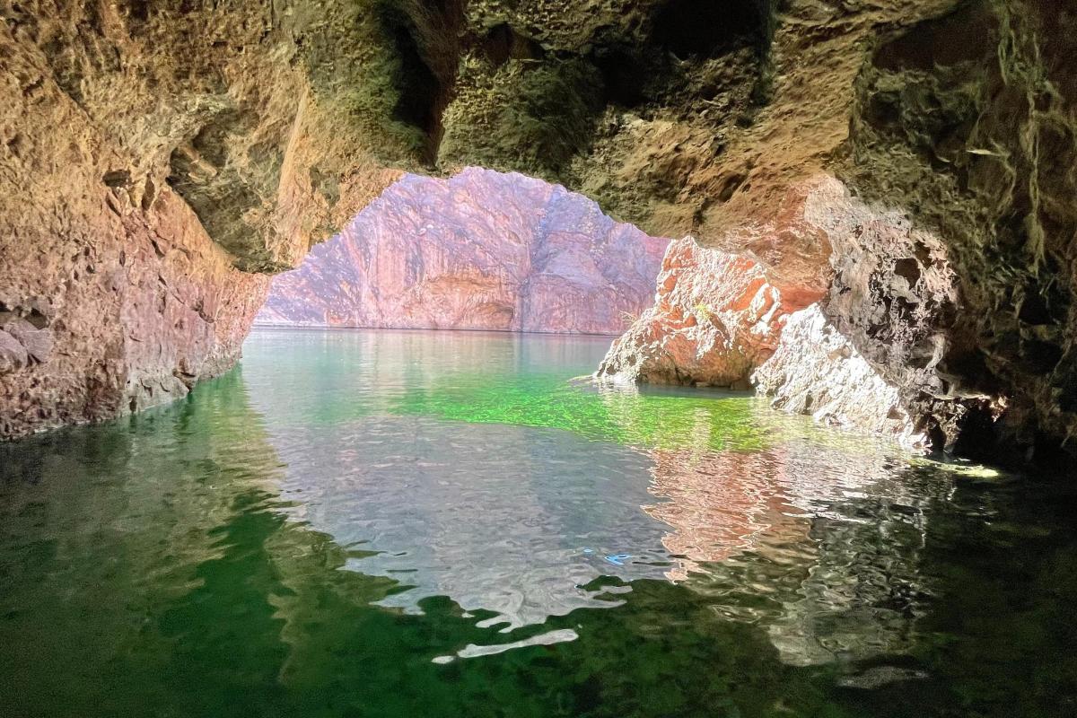 a view of a river in a cave