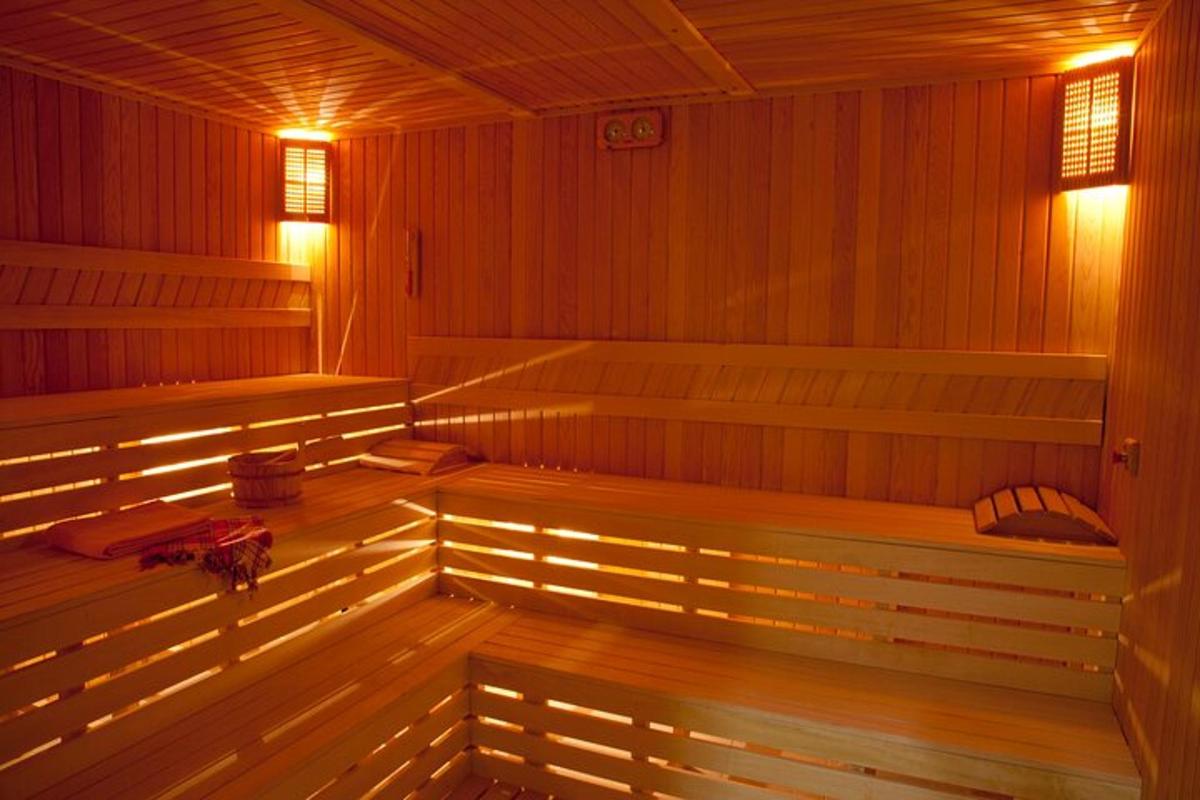 sauna dengan bangku dan lampu di dalam bilik