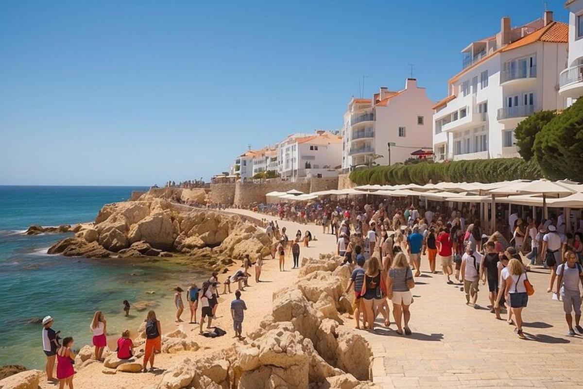 uma multidão de pessoas em uma praia perto do oceano
