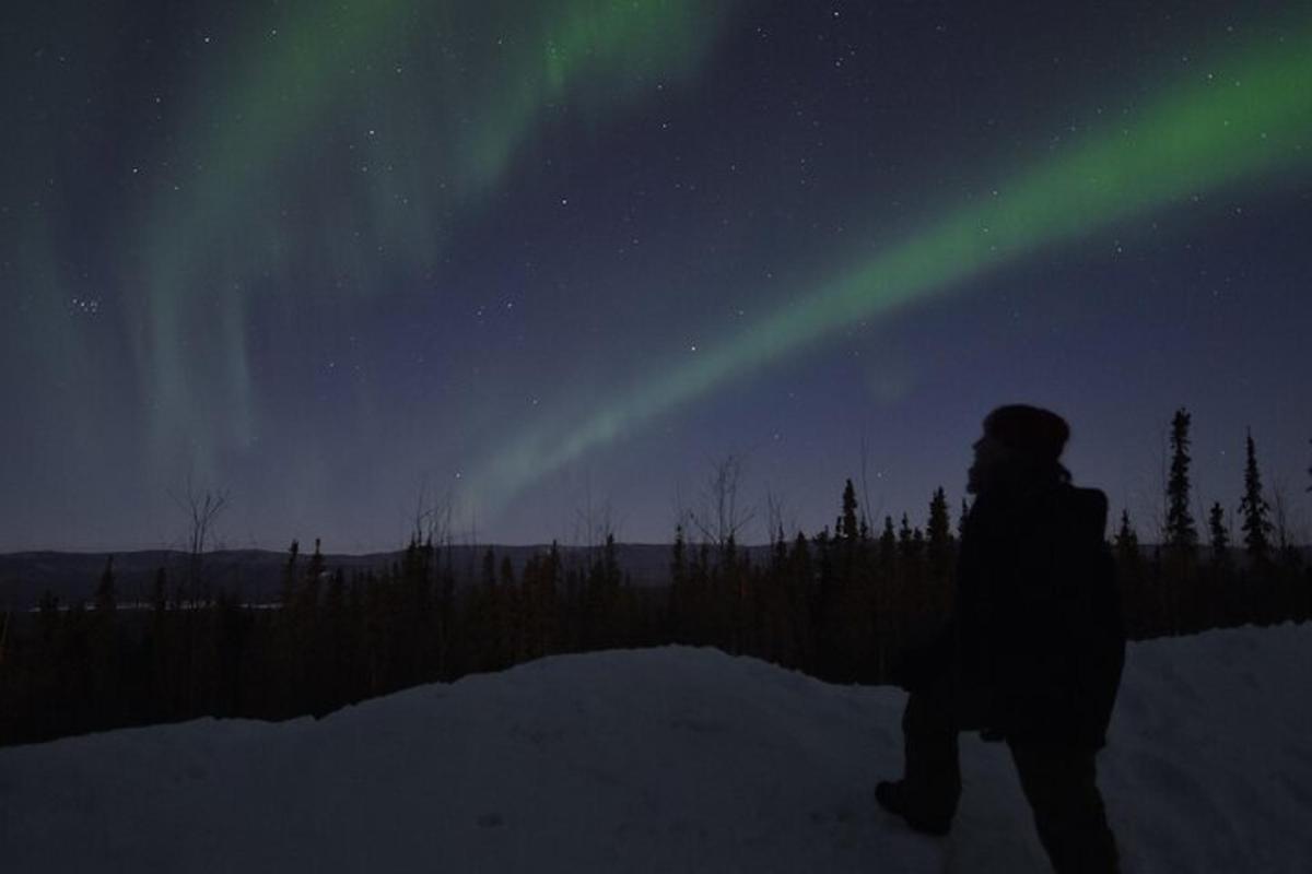 eine Person, die unter dem Nordlicht im Schnee spazieren geht