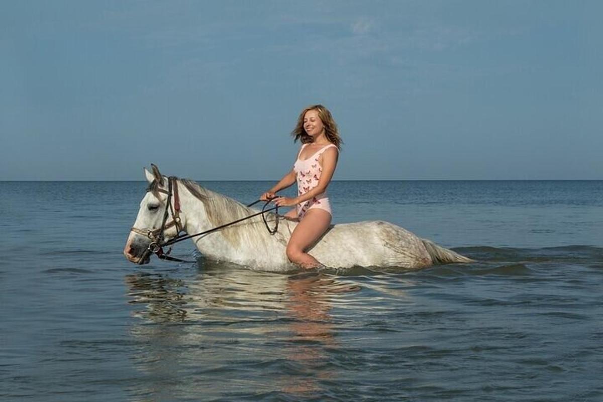 een vrouw in bikini die op een paard in de oceaan rijdt