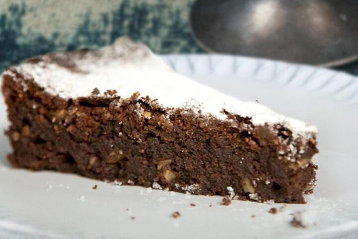 a piece of chocolate cake on a white plate