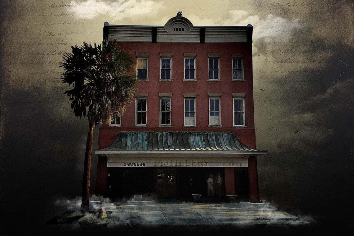 una pintura d'un edifici alt i vermell amb una palmera