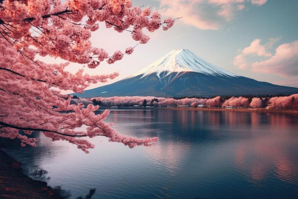 a mountain in the background with a lake and a tree